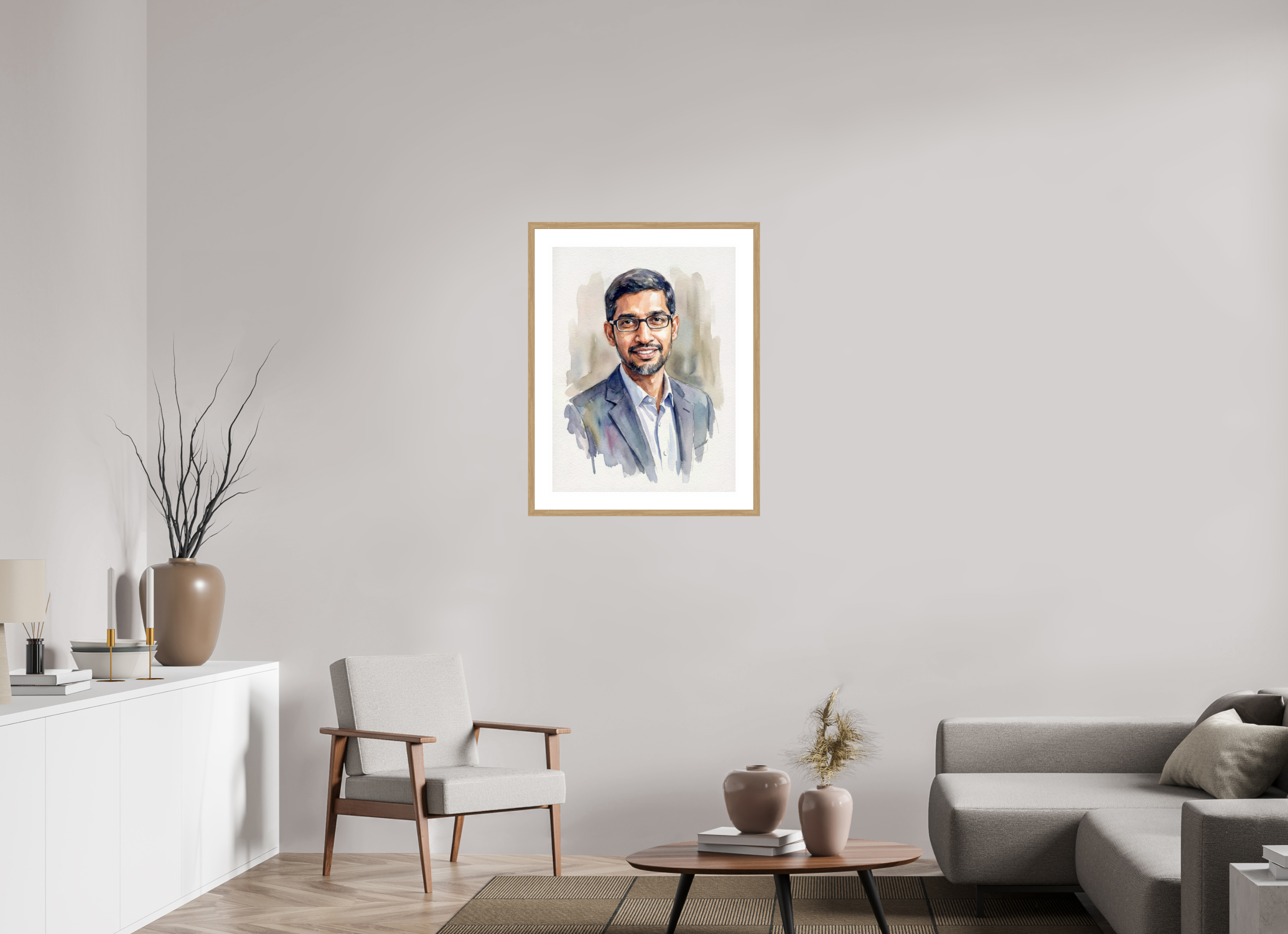 60 x 80 cm, Fine Art - Wood Frame Sundar Pichai Watercolor Portrait – Framed "Empathetic Leader" Art Print
