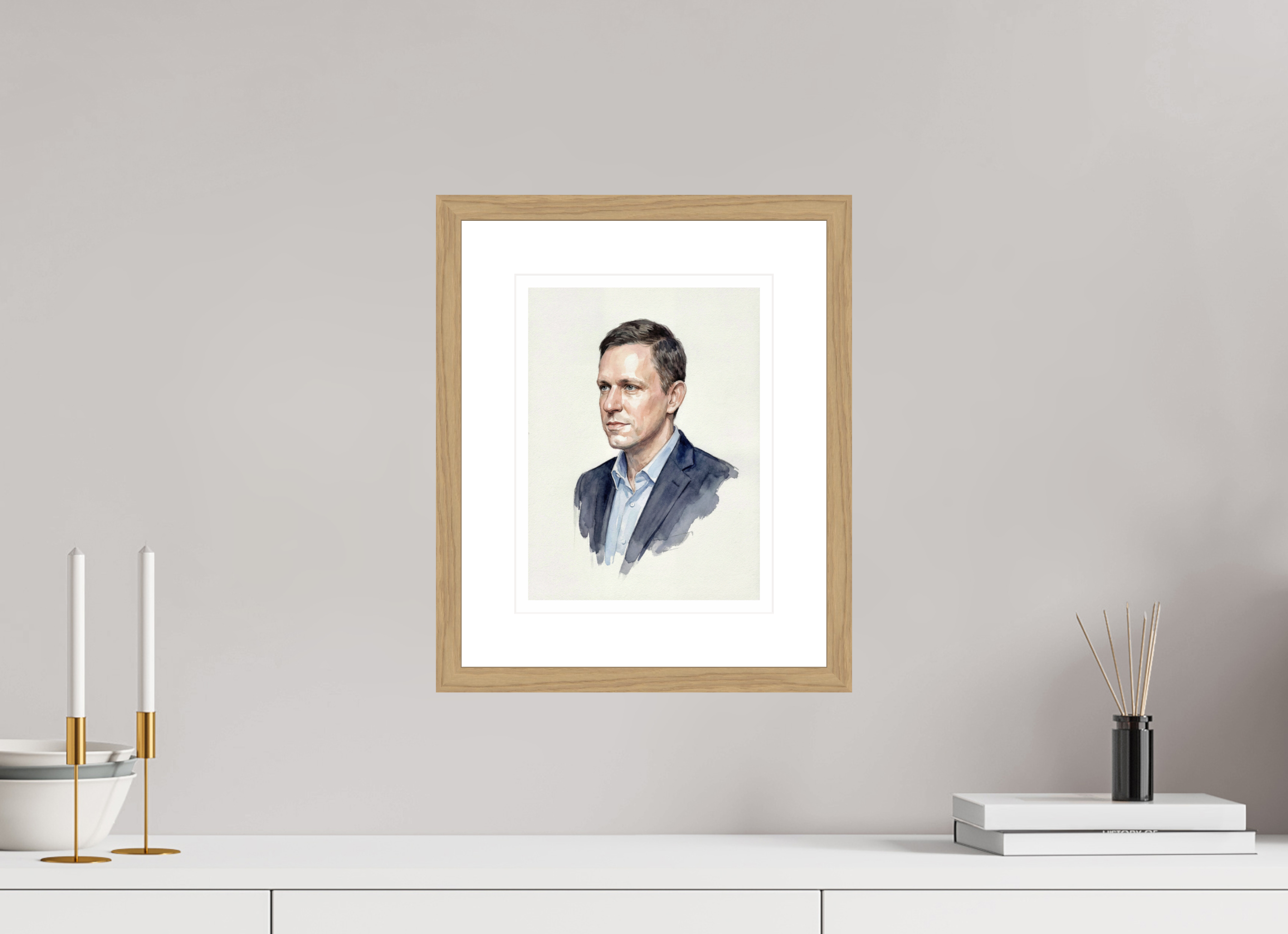 21 x 28 cm, Fine Art - Wood Frame Peter Thiel Watercolor Portrait – Framed "Contrarian Visionary" Art Print