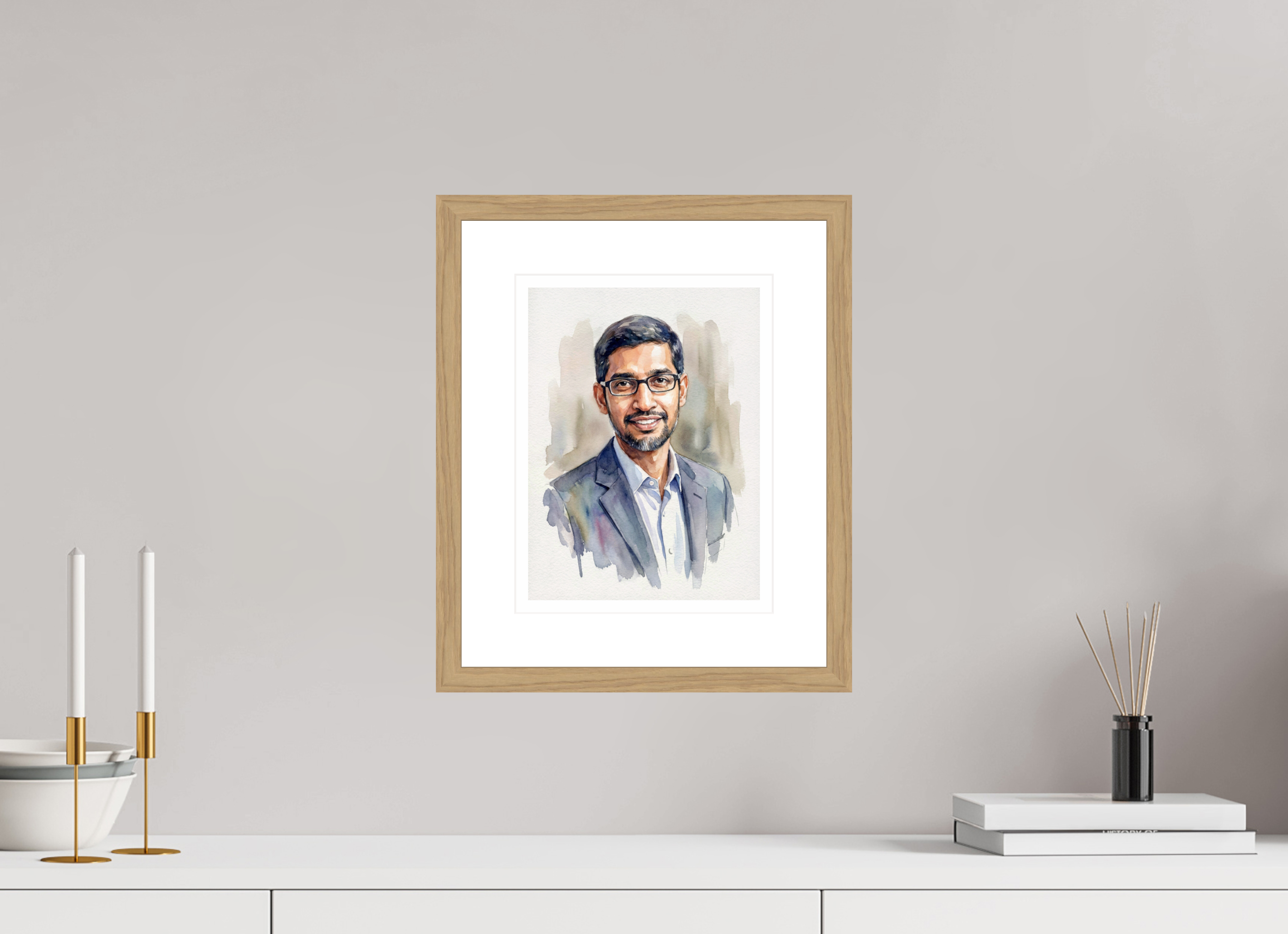 21 x 28 cm, Fine Art - Wood Frame Sundar Pichai Watercolor Portrait – Framed "Empathetic Leader" Art Print