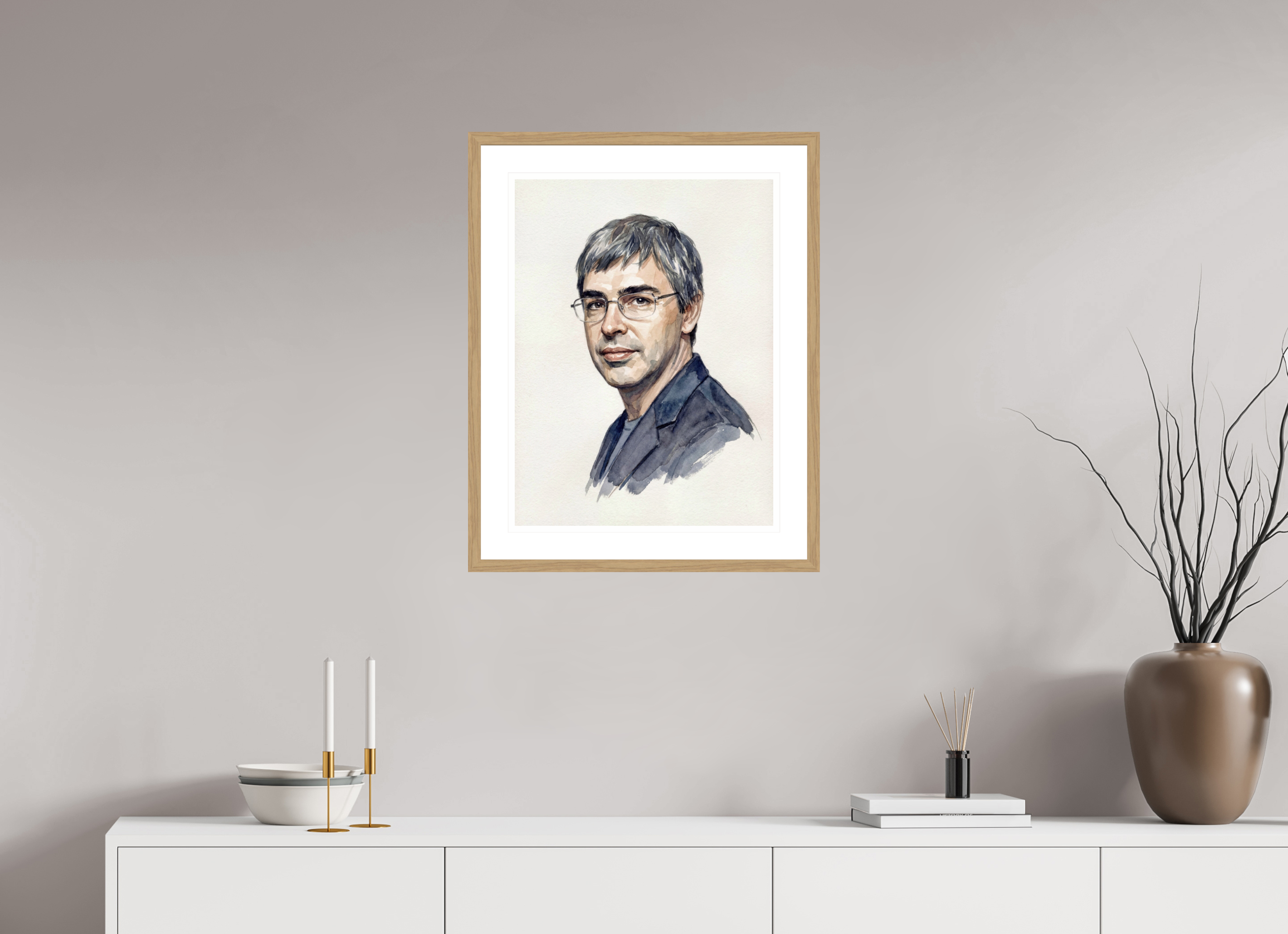 45 x 60 cm, Fine Art - Wood Frame Larry Page Watercolor Portrait – Framed "Architect of the Internet" Art Print