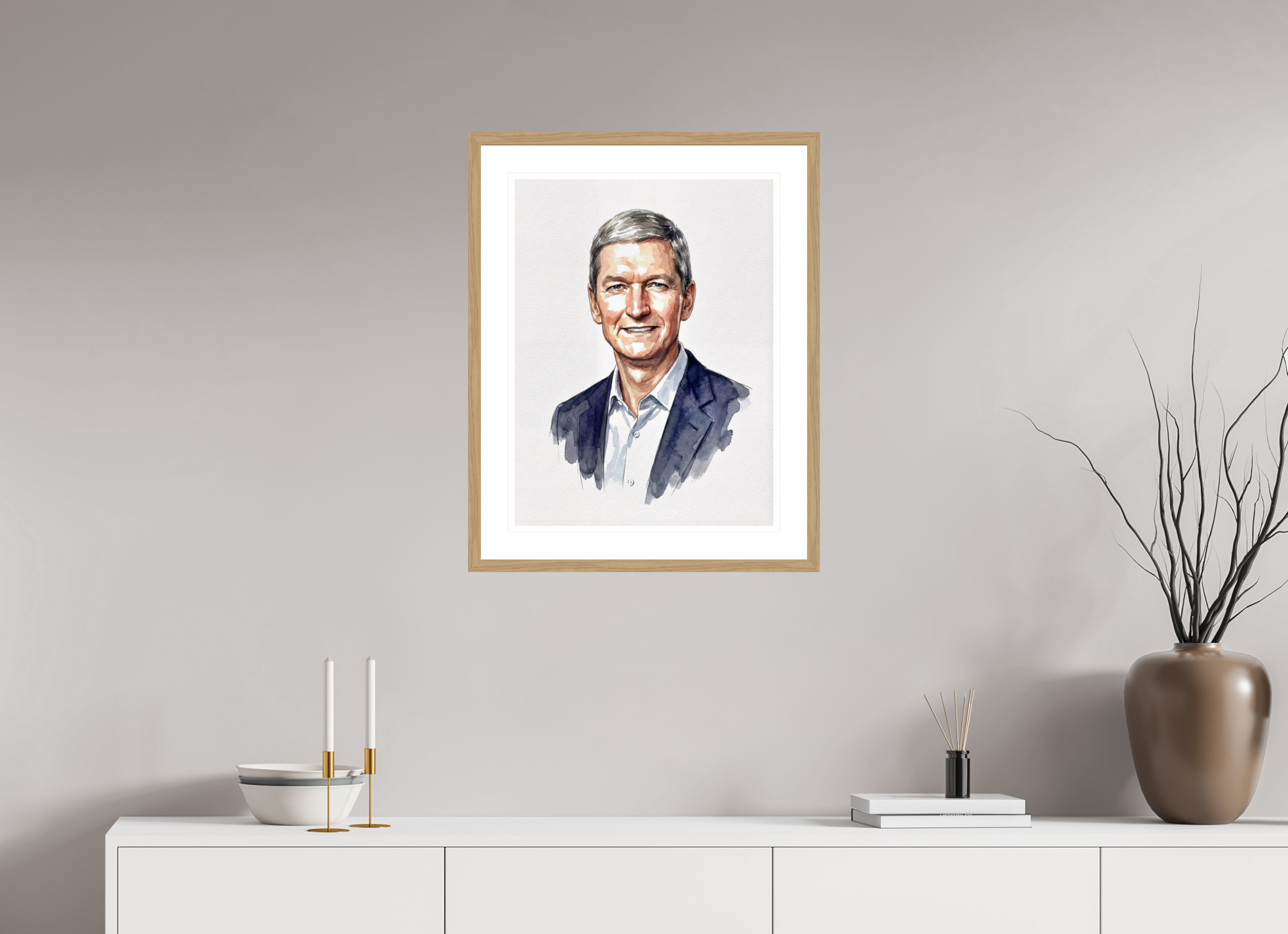 45 x 60 cm, Fine Art - Wood Frame Tim Cook Watercolor Portrait – Framed "Steward of Innovation" Art Print
