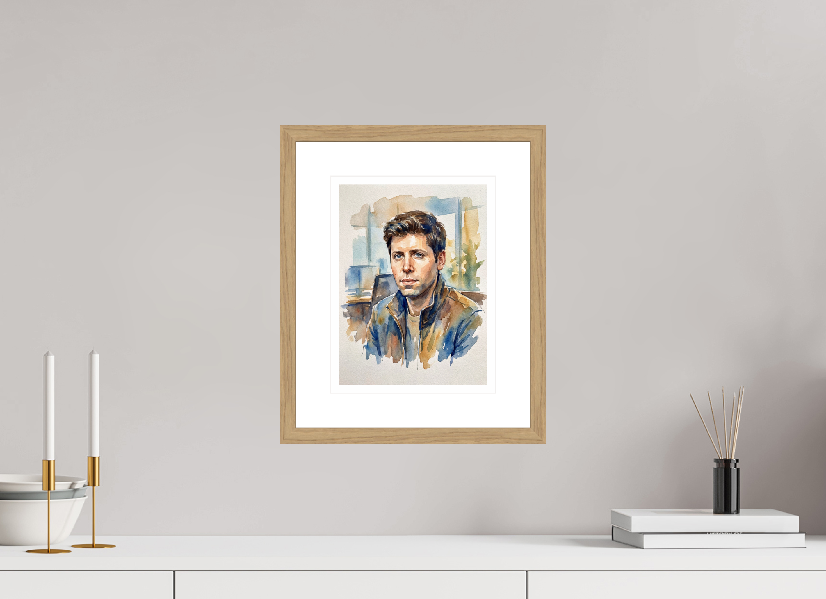 21 x 28 cm, Fine Art - Wood Frame Sam Altman Watercolor Portrait – Framed AI Visionary Art Print