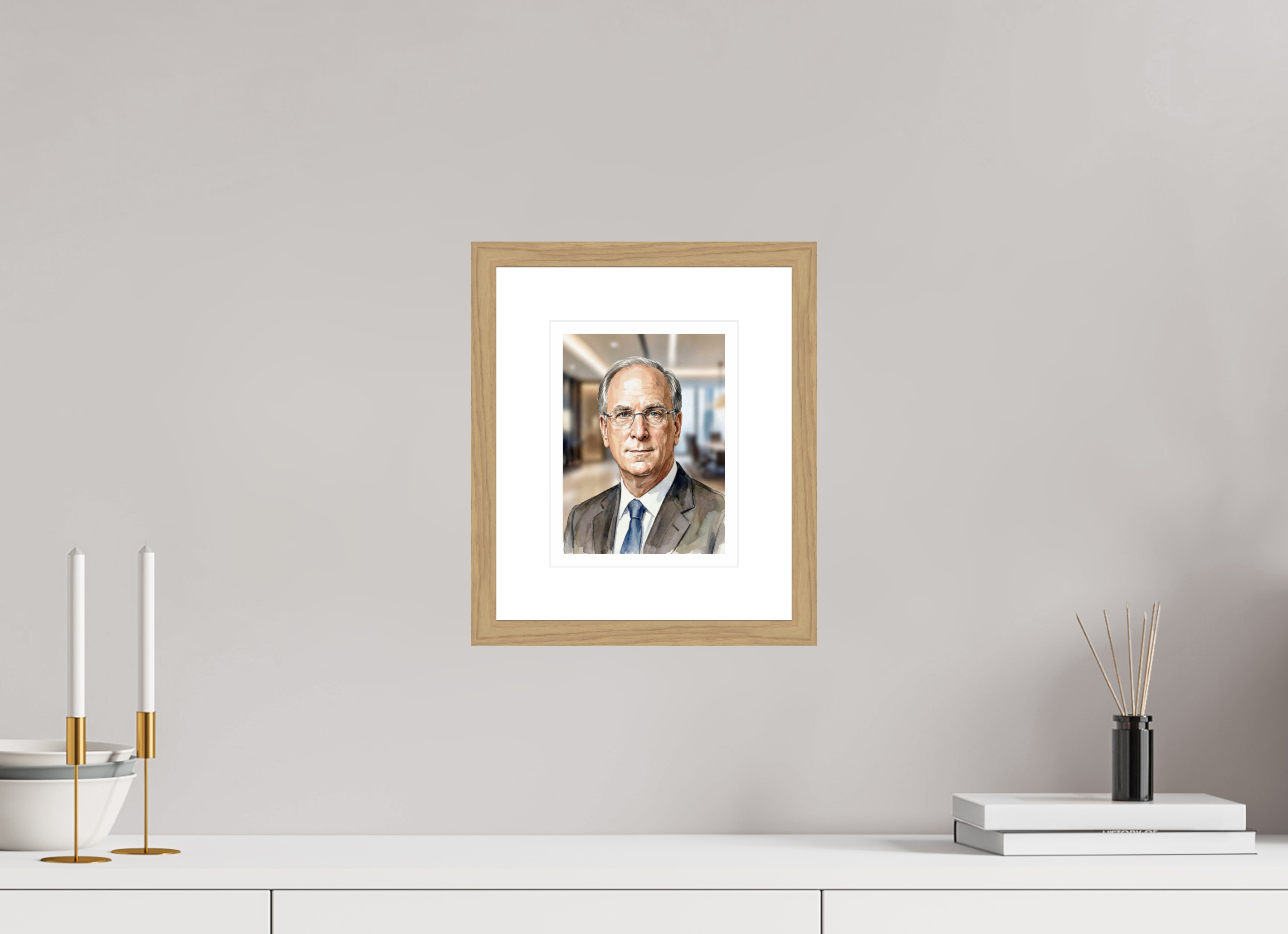 15 x 20 cm, Fine Art - Wood Frame Larry Fink Watercolor Portrait – Framed "King of Wall Street" Art Print