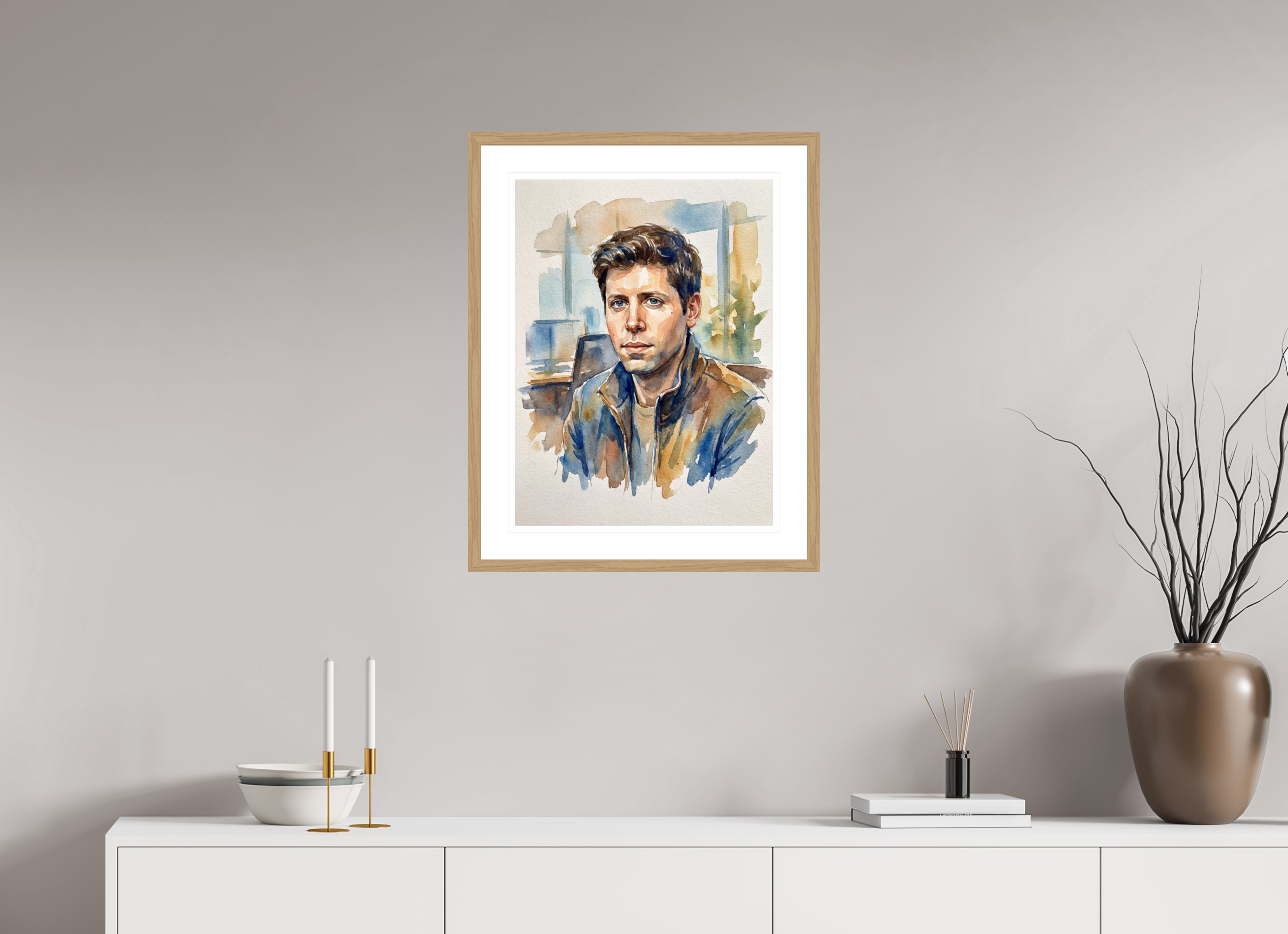 45 x 60 cm, Fine Art - Wood Frame Sam Altman Watercolor Portrait – Framed AI Visionary Art Print