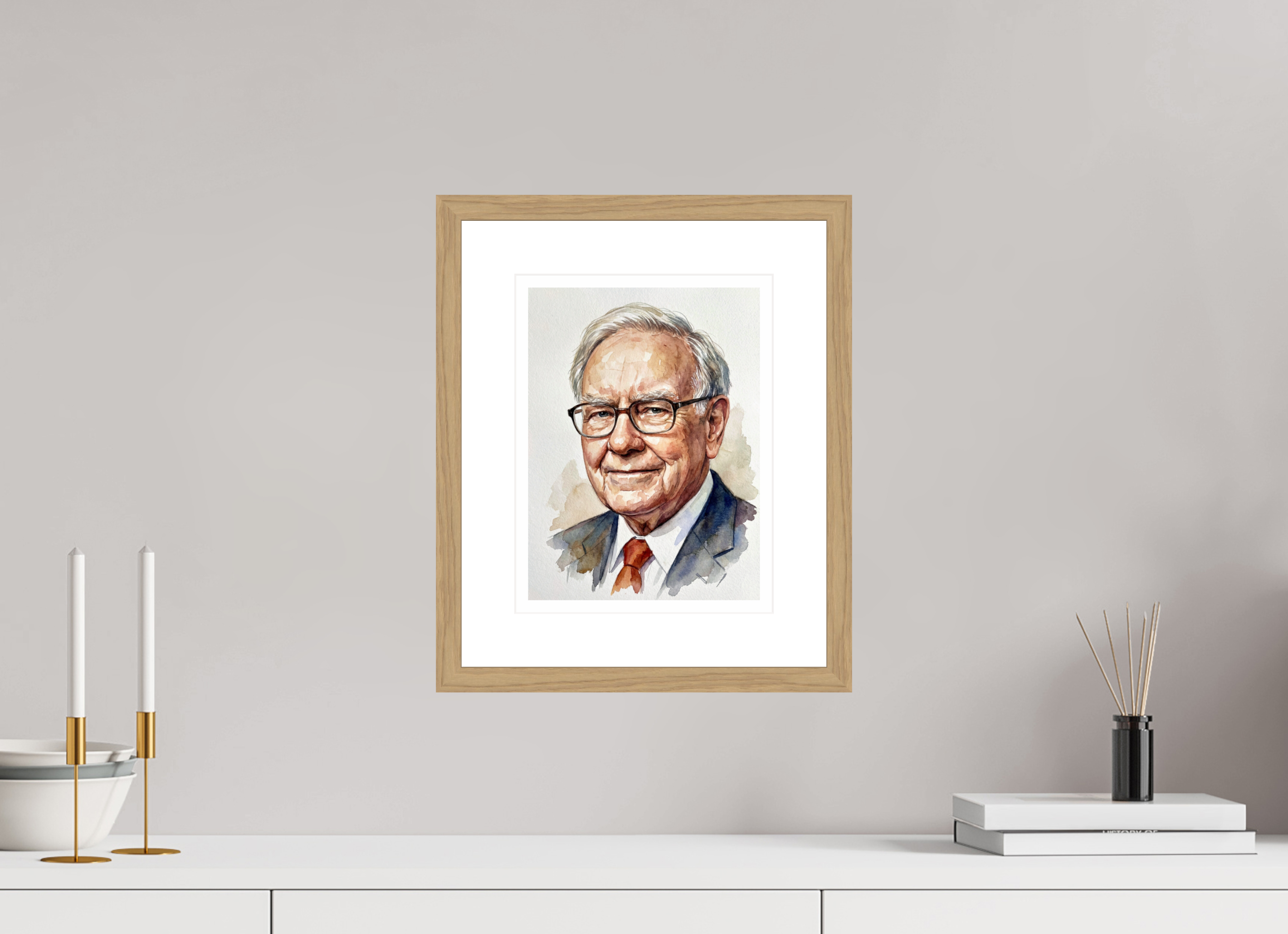 21 x 28 cm, Fine Art - Wood Frame Warren Buffett Watercolor Portrait – Framed "Oracle of Omaha" Art Print