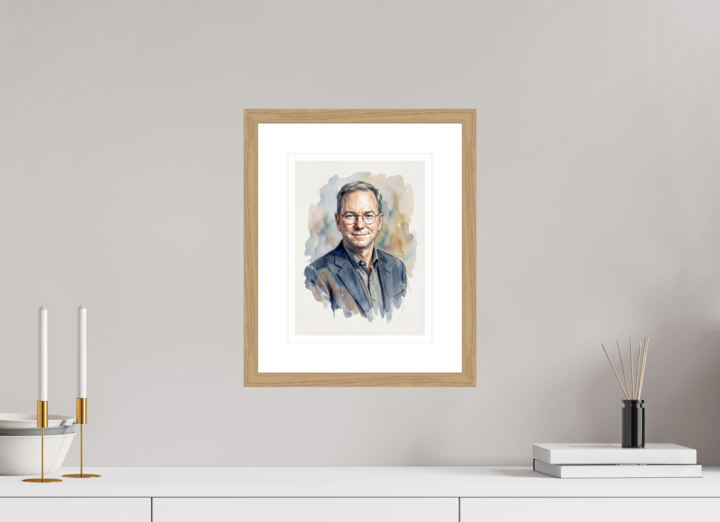 21 x 28 cm, Fine Art - Wood Frame Eric Schmidt Watercolor Portrait – Framed "Architect of Innovation" Art Print