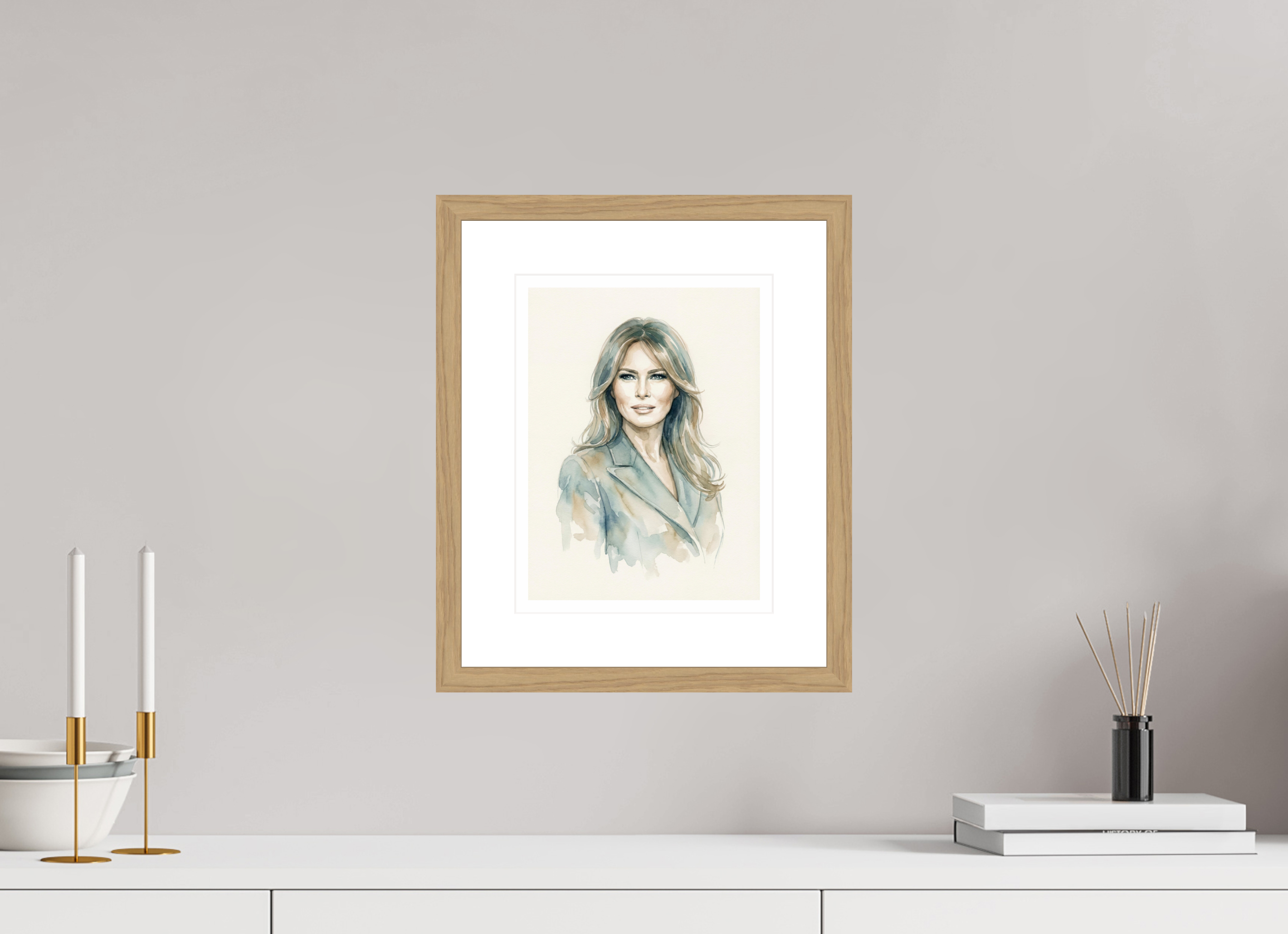 21 x 28 cm, Fine Art - Wood Frame Melania Trump Watercolor Portrait – Framed Elegant "Be Best" Art Print