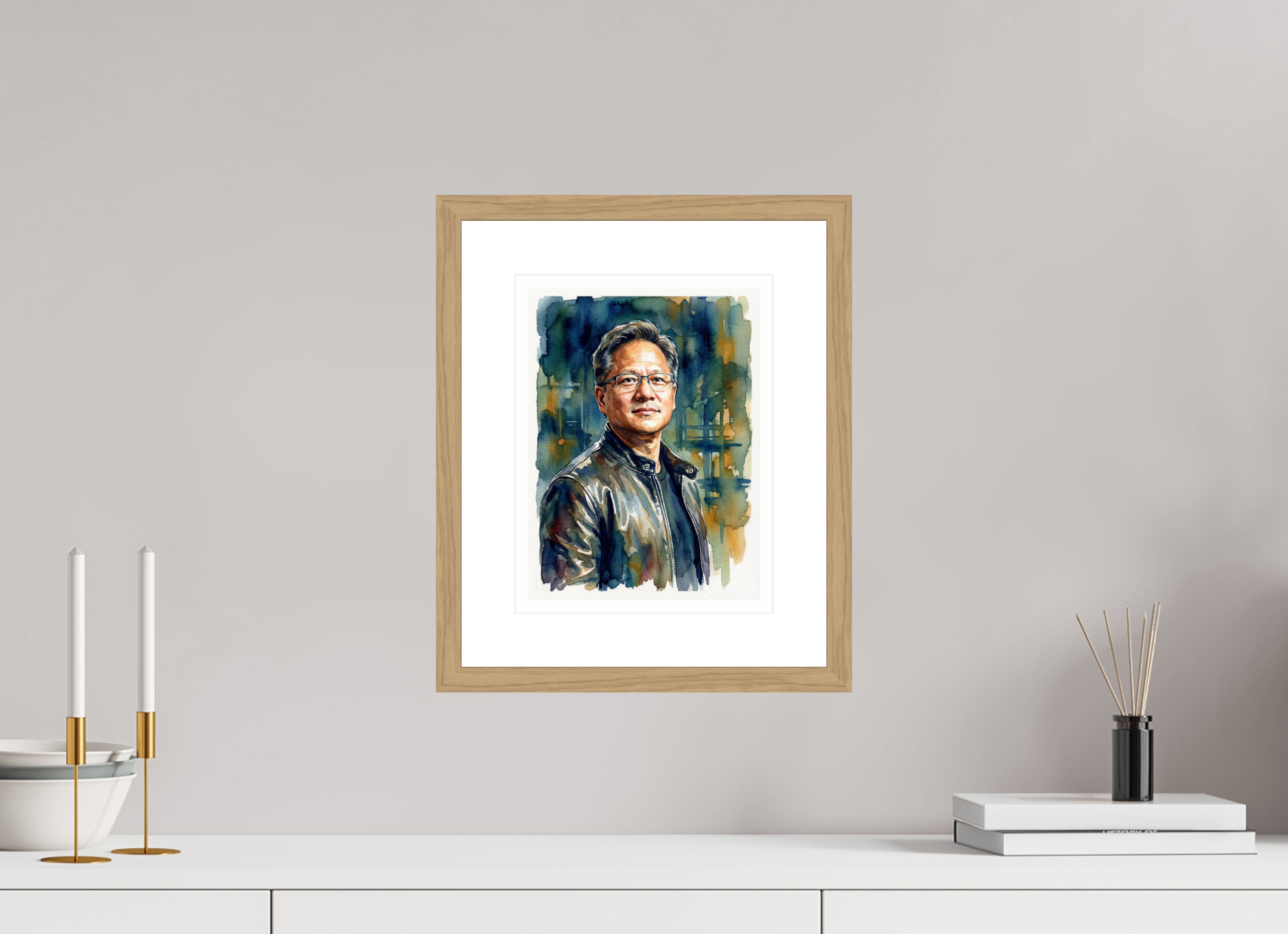 21 x 28 cm, Fine Art - Wood Frame Jensen Huang Watercolor Portrait – Framed AI Pioneer Art Print