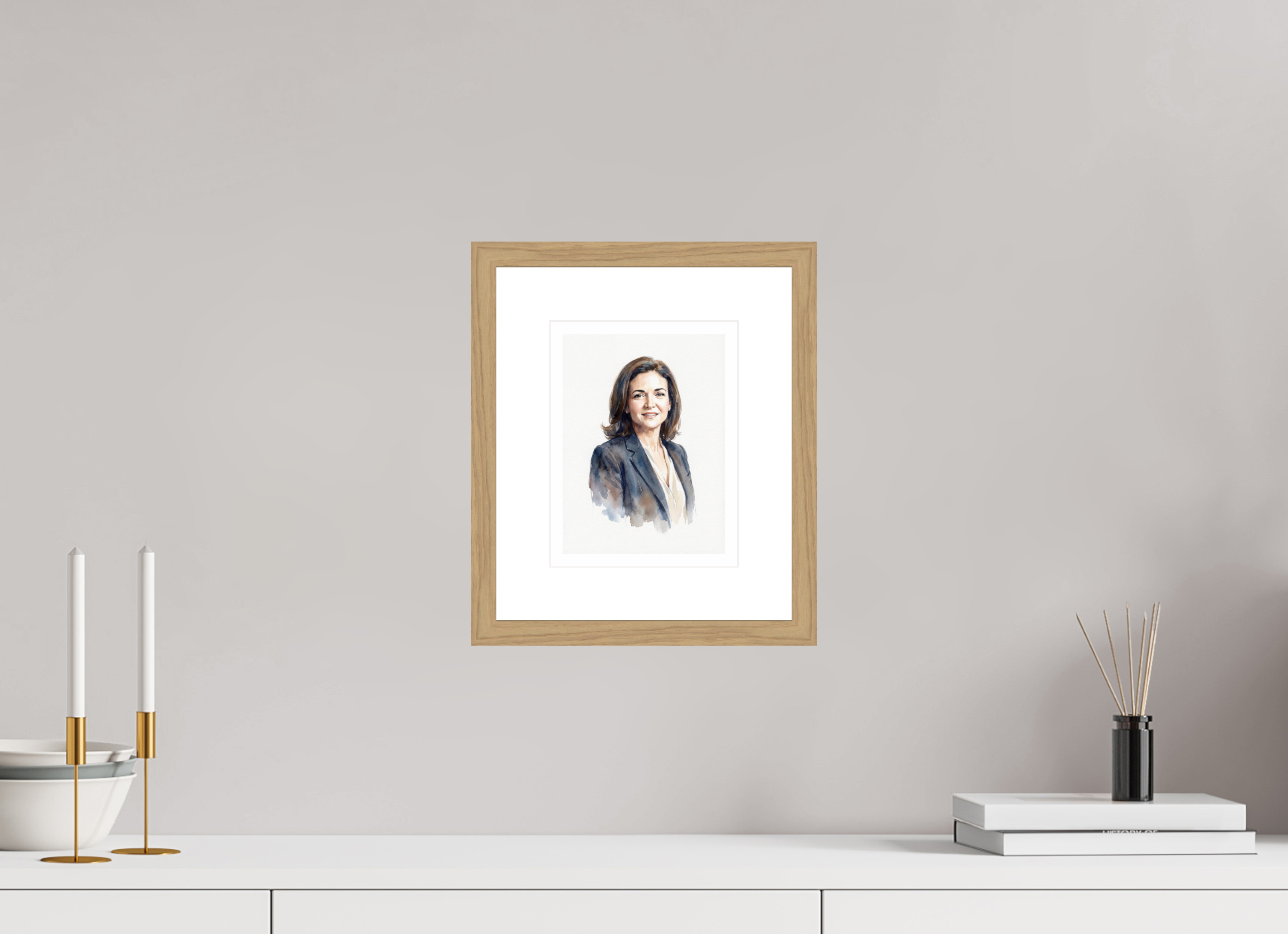 15 x 20 cm, Fine Art - Wood Frame Sheryl Sandberg Watercolor Portrait – Framed "Lean In" Visionary Art Print