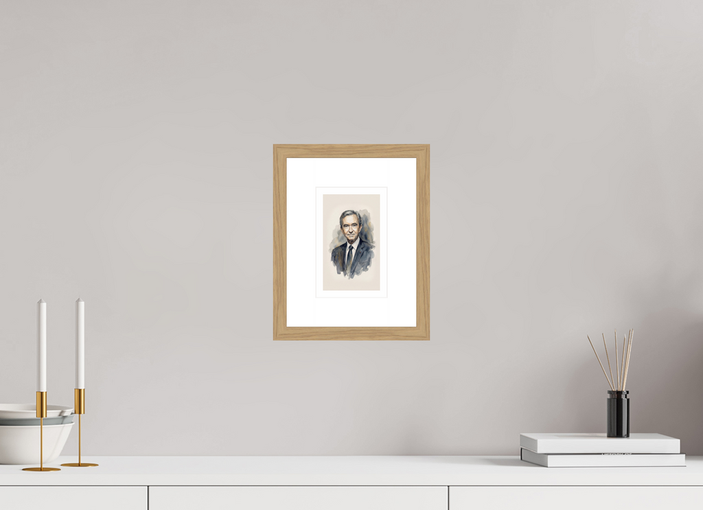 10 x 16,2 cm, Fine Art - Wood Frame Bernard Arnault Watercolor Portrait – Framed "Pope of Fashion" Art Print