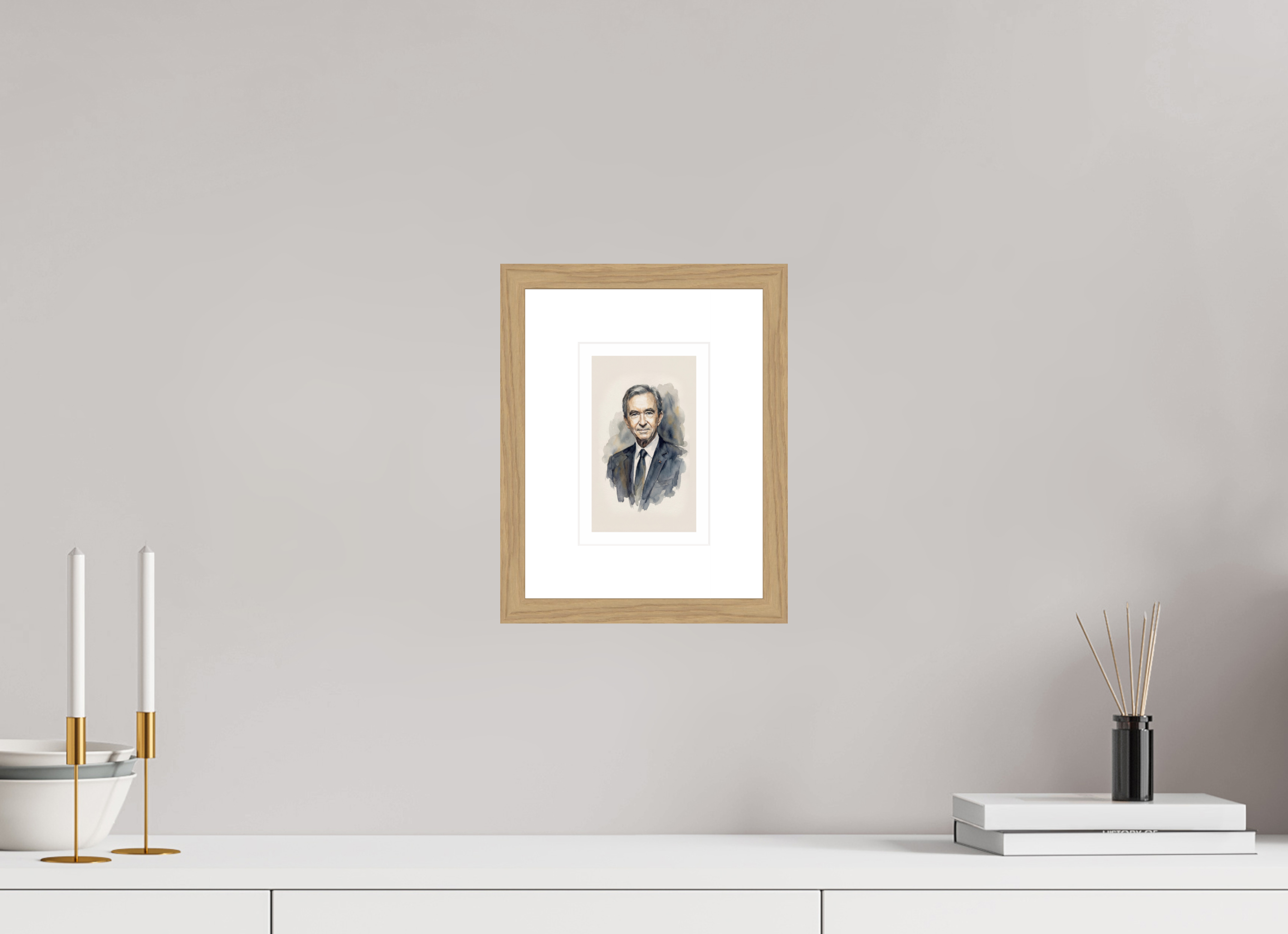 10 x 16,2 cm, Fine Art - Wood Frame Bernard Arnault Watercolor Portrait – Framed "Pope of Fashion" Art Print