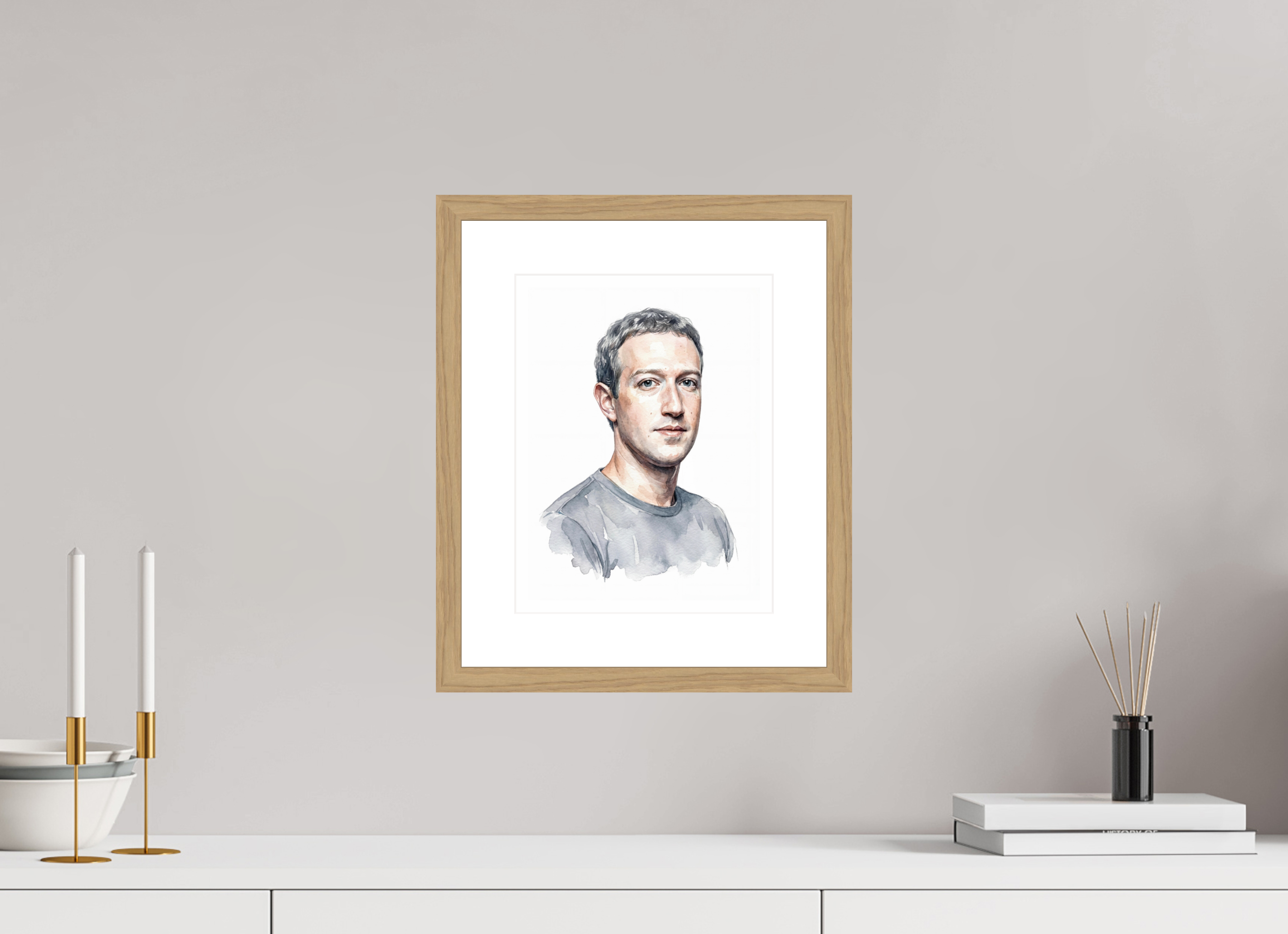 21 x 28 cm, Fine Art - Wood Frame Mark Zuckerberg Watercolor Portrait – Framed "Social Architect" Art Print