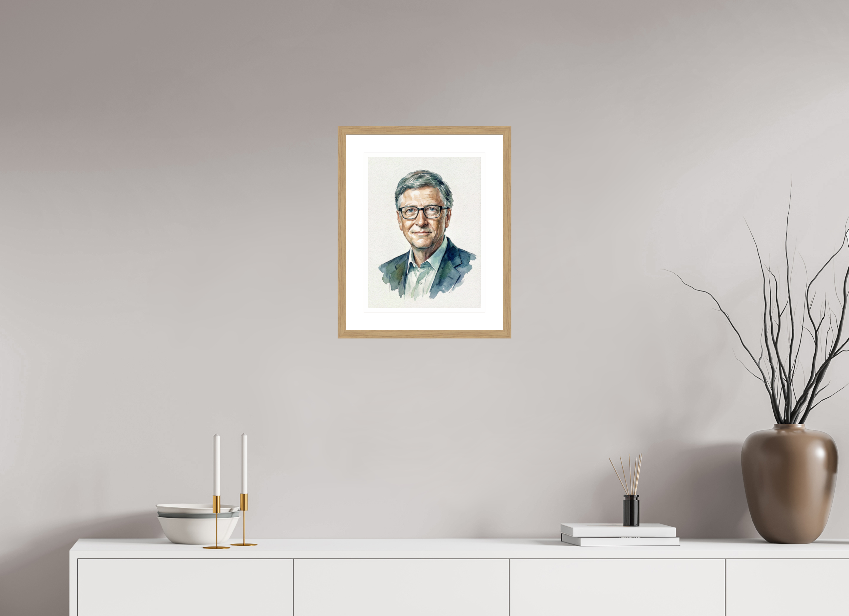 30 x 40 cm, Fine Art - Wood Frame Bill Gates Watercolor Portrait – Framed Tech Pioneer Art Print