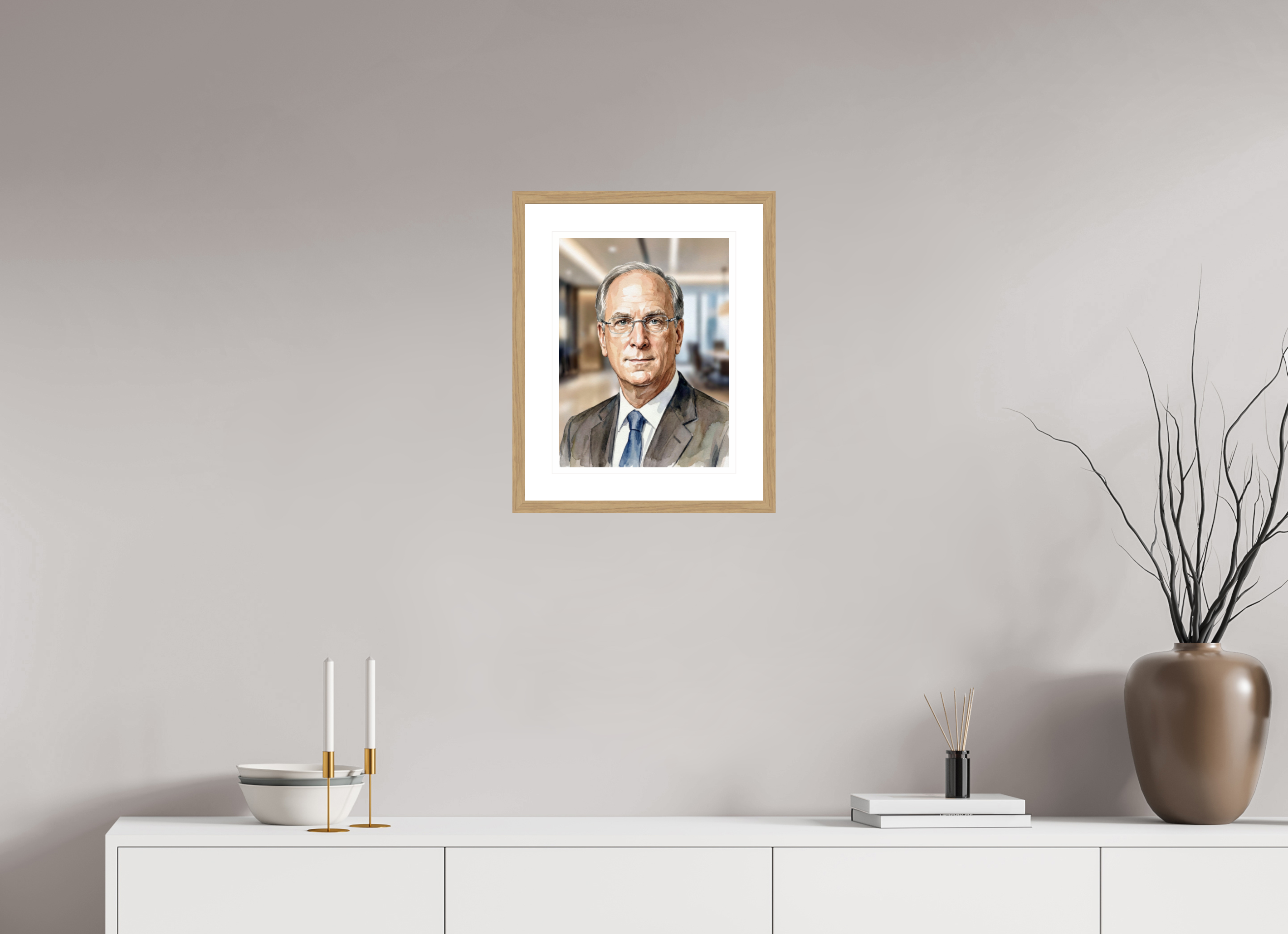 30 x 40 cm, Fine Art - Wood Frame Larry Fink Watercolor Portrait – Framed "King of Wall Street" Art Print