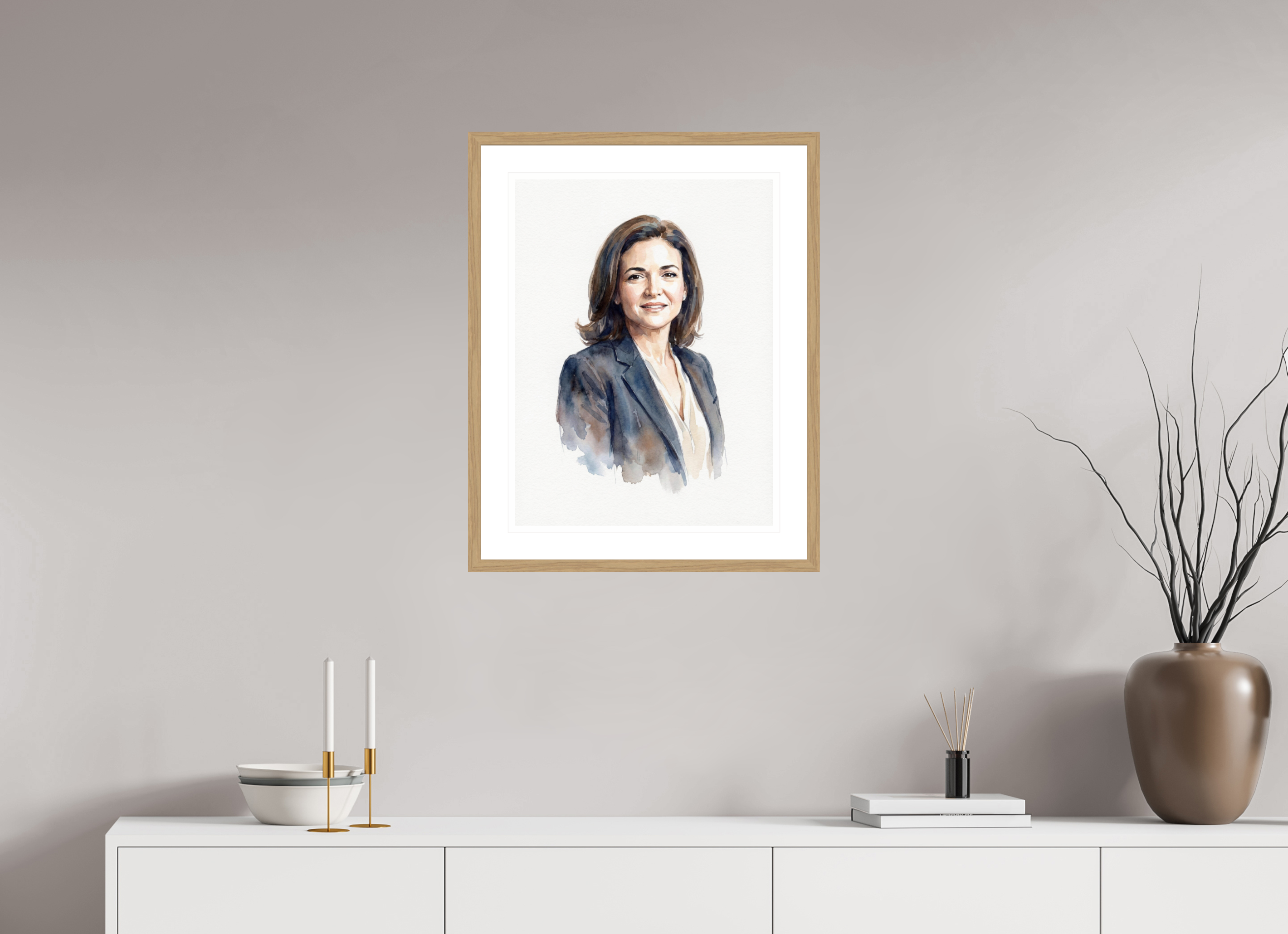 45 x 60 cm, Fine Art - Wood Frame Sheryl Sandberg Watercolor Portrait – Framed "Lean In" Visionary Art Print