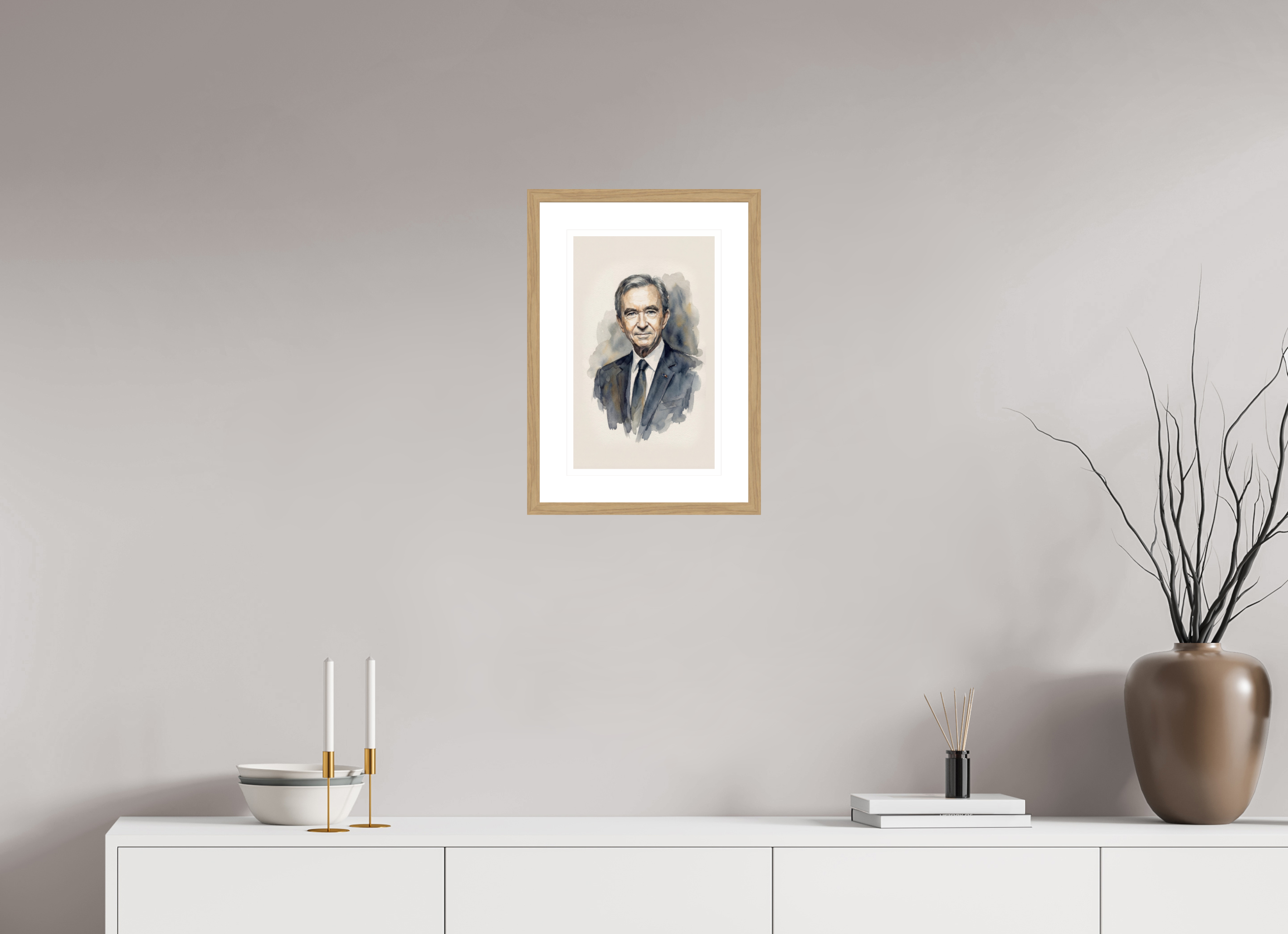 25 x 40,6 cm, Fine Art - Wood Frame Bernard Arnault Watercolor Portrait – Framed "Pope of Fashion" Art Print