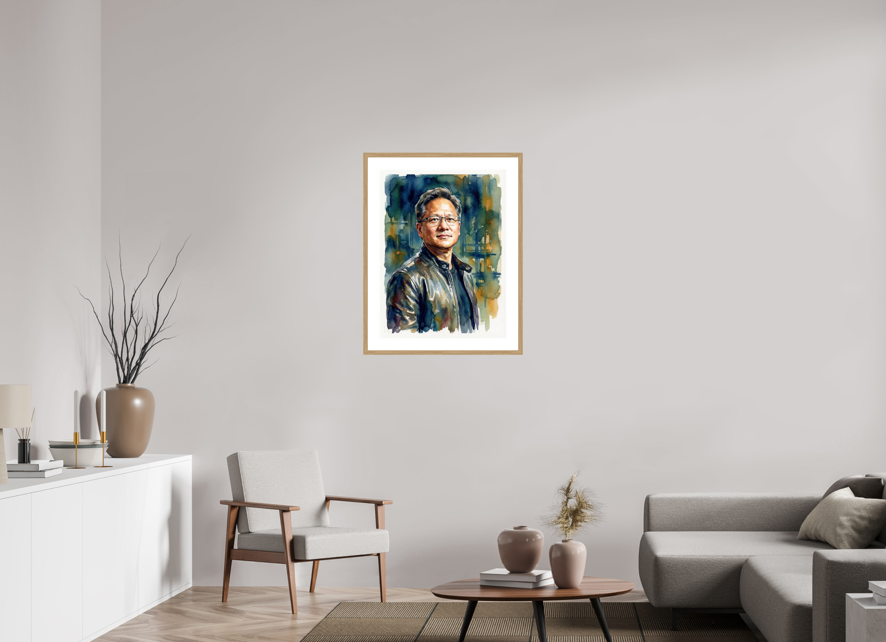 60 x 80 cm, Fine Art - Wood Frame Jensen Huang Watercolor Portrait – Framed AI Pioneer Art Print