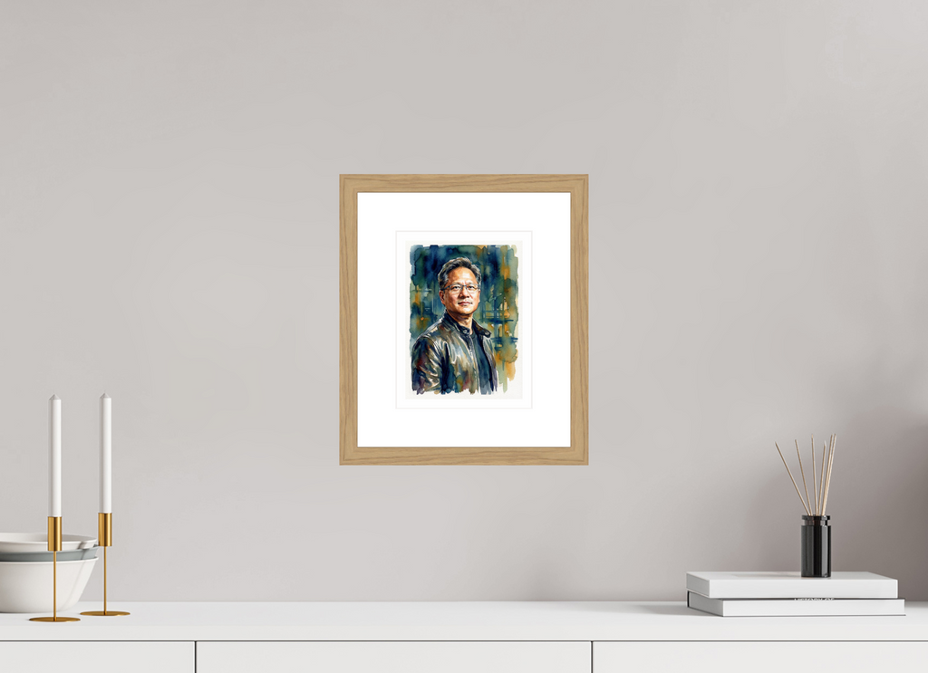 15 x 20 cm, Fine Art - Wood Frame Jensen Huang Watercolor Portrait – Framed AI Pioneer Art Print