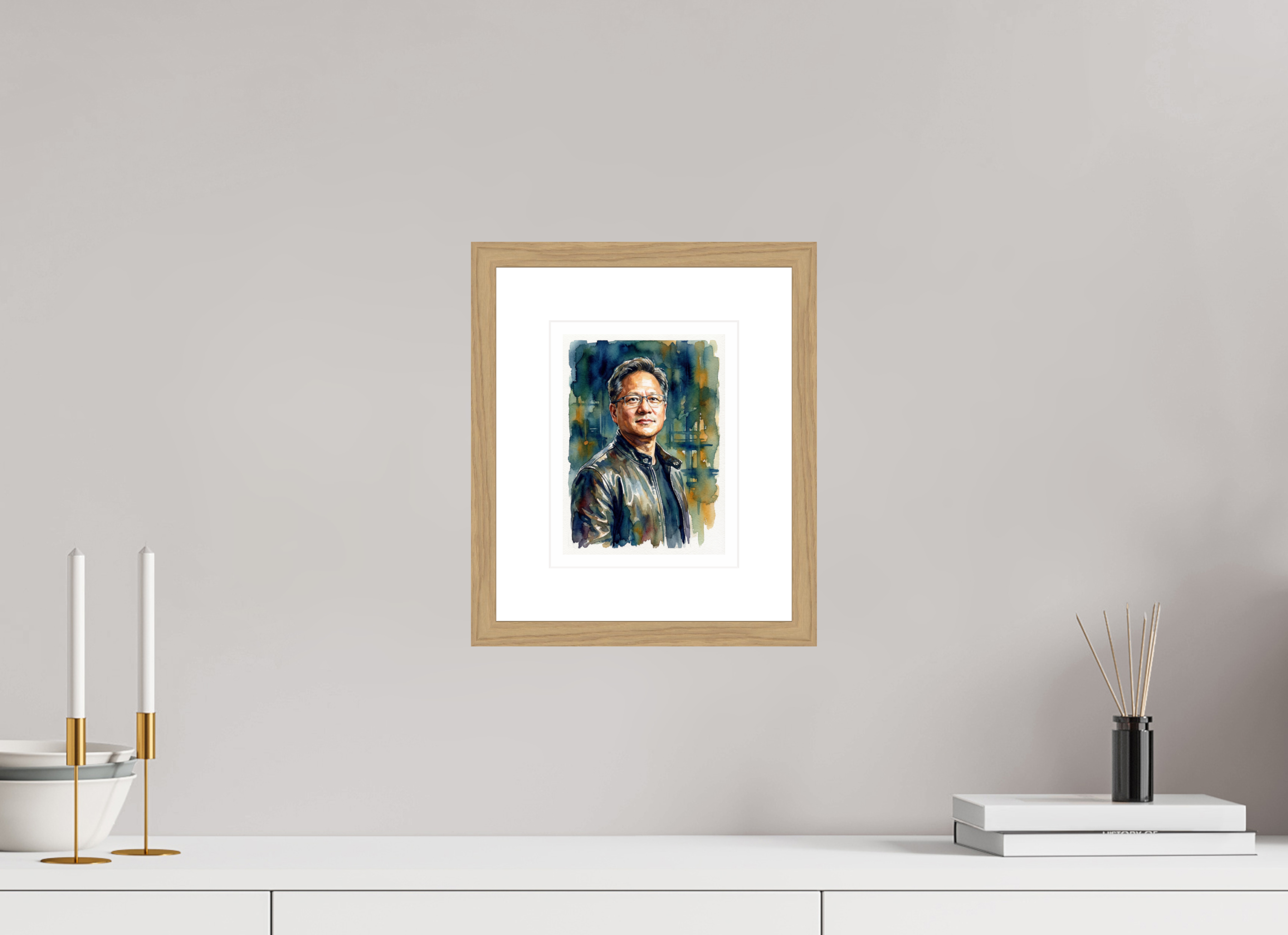 15 x 20 cm, Fine Art - Wood Frame Jensen Huang Watercolor Portrait – Framed AI Pioneer Art Print