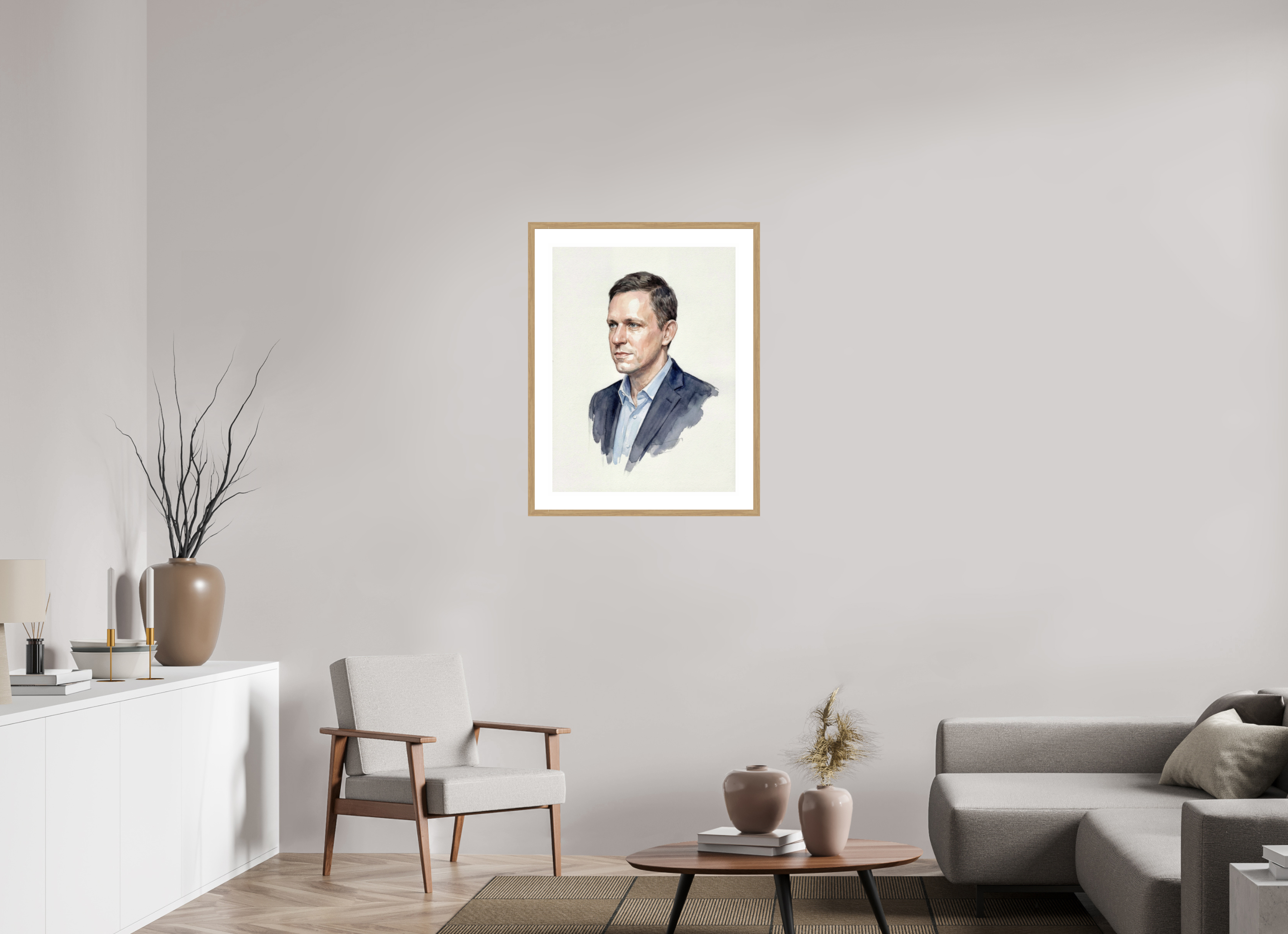 60 x 80 cm, Fine Art - Wood Frame Peter Thiel Watercolor Portrait – Framed "Contrarian Visionary" Art Print