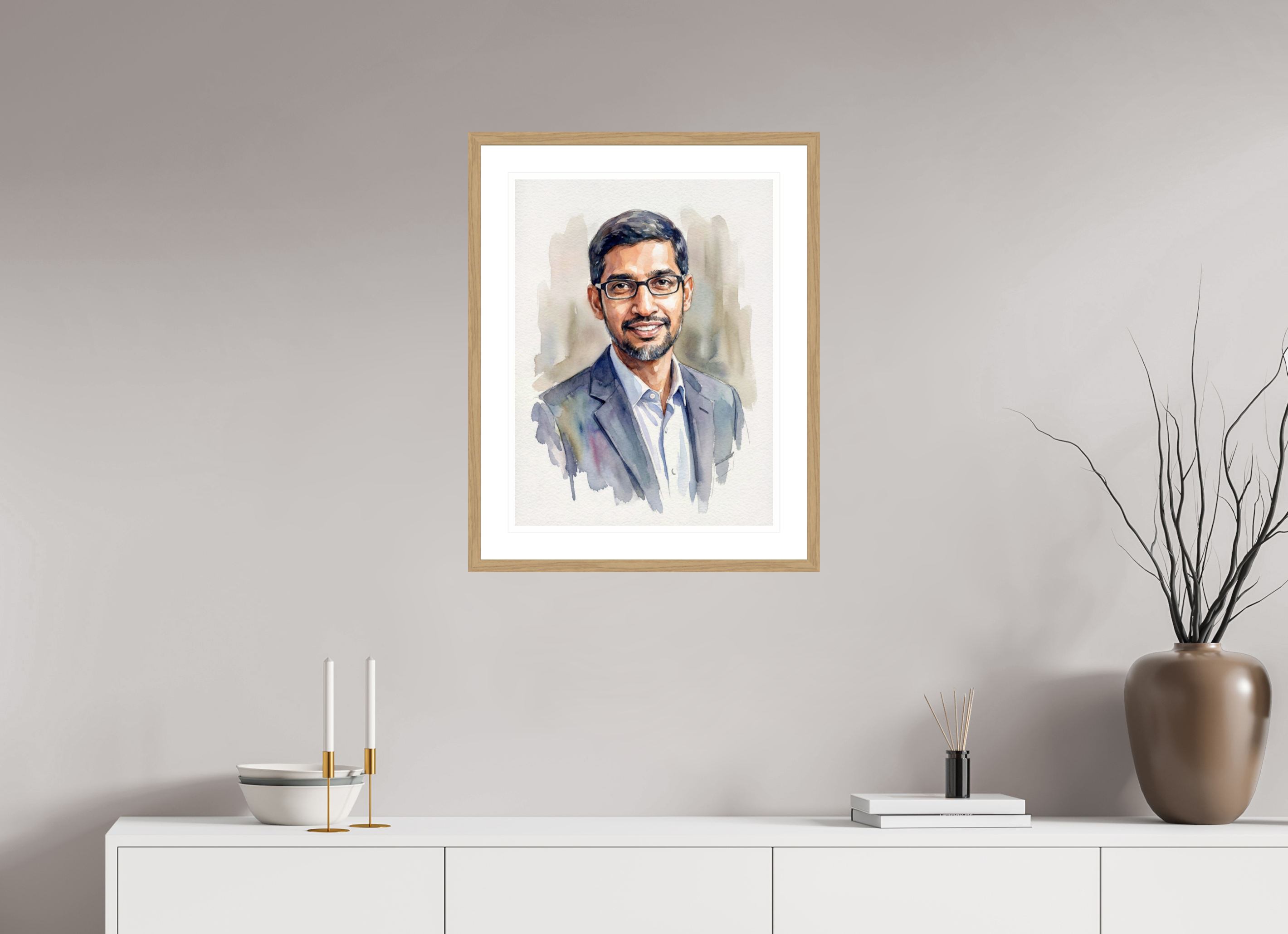 45 x 60 cm, Fine Art - Wood Frame Sundar Pichai Watercolor Portrait – Framed "Empathetic Leader" Art Print