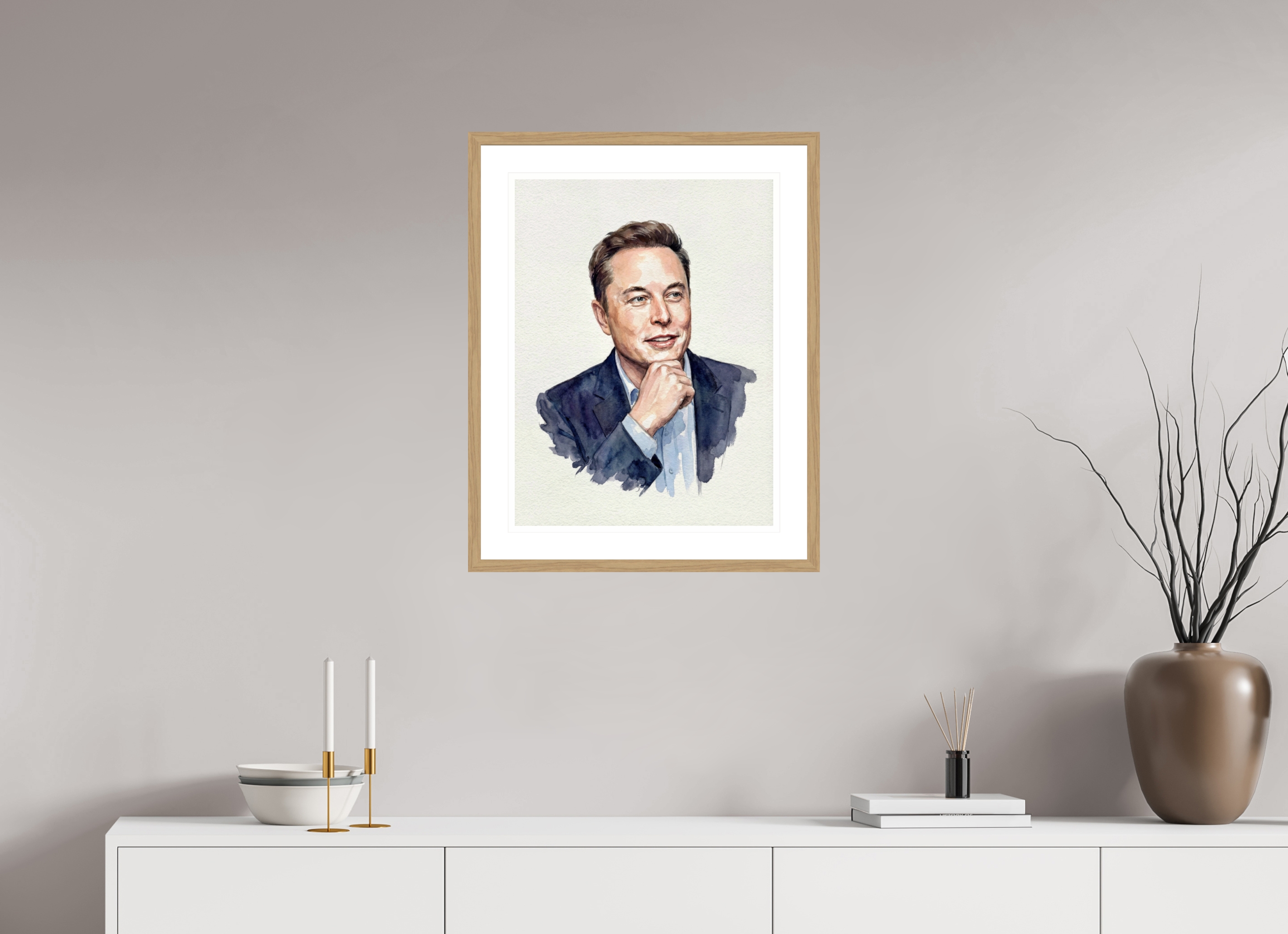 45 x 60 cm, Fine Art - Wood Frame Elon Musk Watercolor Portrait – Framed Fine Art Print