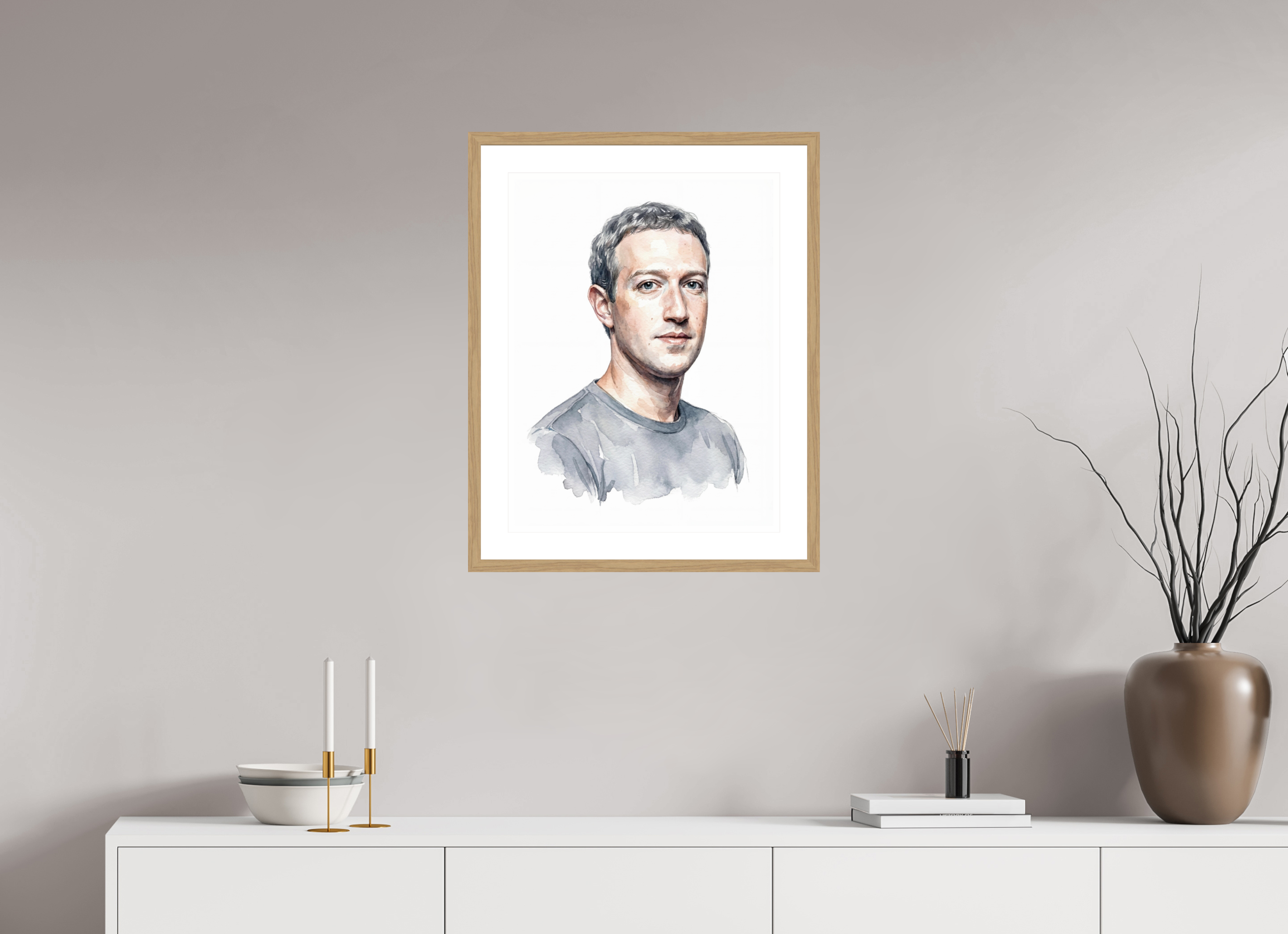 45 x 60 cm, Fine Art - Wood Frame Mark Zuckerberg Watercolor Portrait – Framed "Social Architect" Art Print