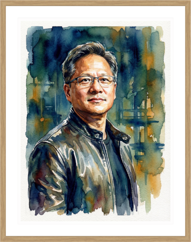 Main image Jensen Huang Watercolor Portrait – Framed AI Pioneer Art Print