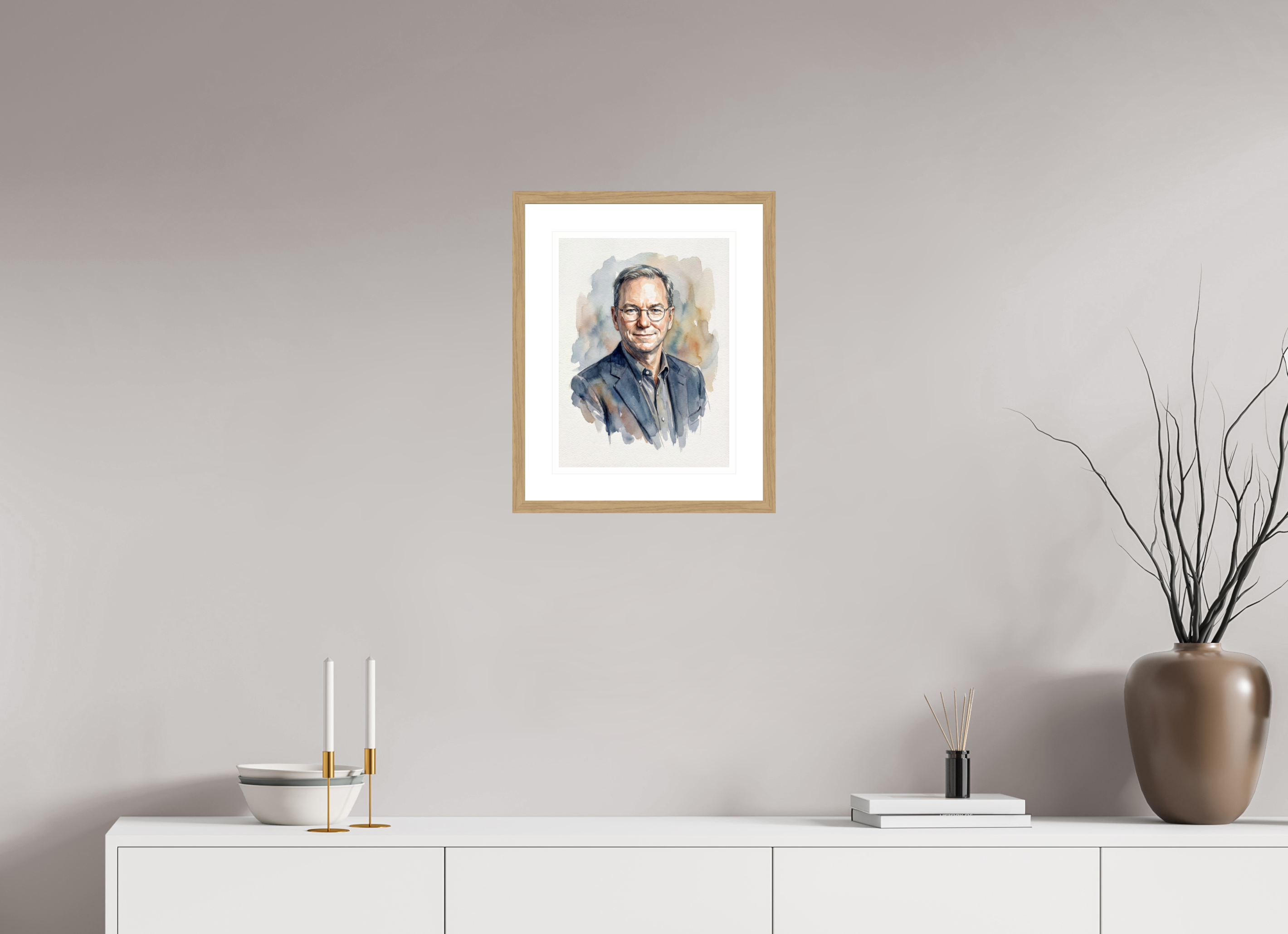30 x 40 cm, Fine Art - Wood Frame Eric Schmidt Watercolor Portrait – Framed "Architect of Innovation" Art Print