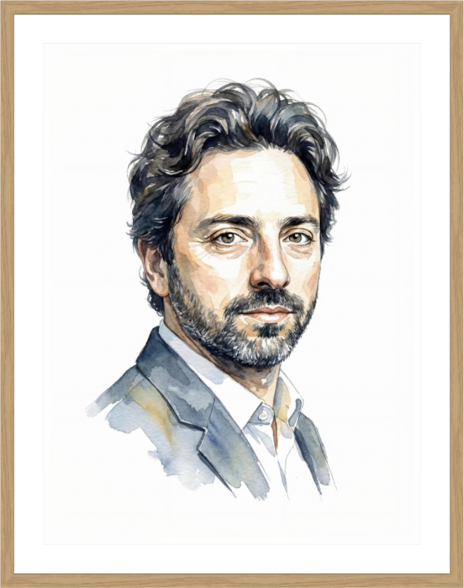 Main image Sergey Brin Watercolor Portrait – Framed "Architect of Knowledge" Art Print