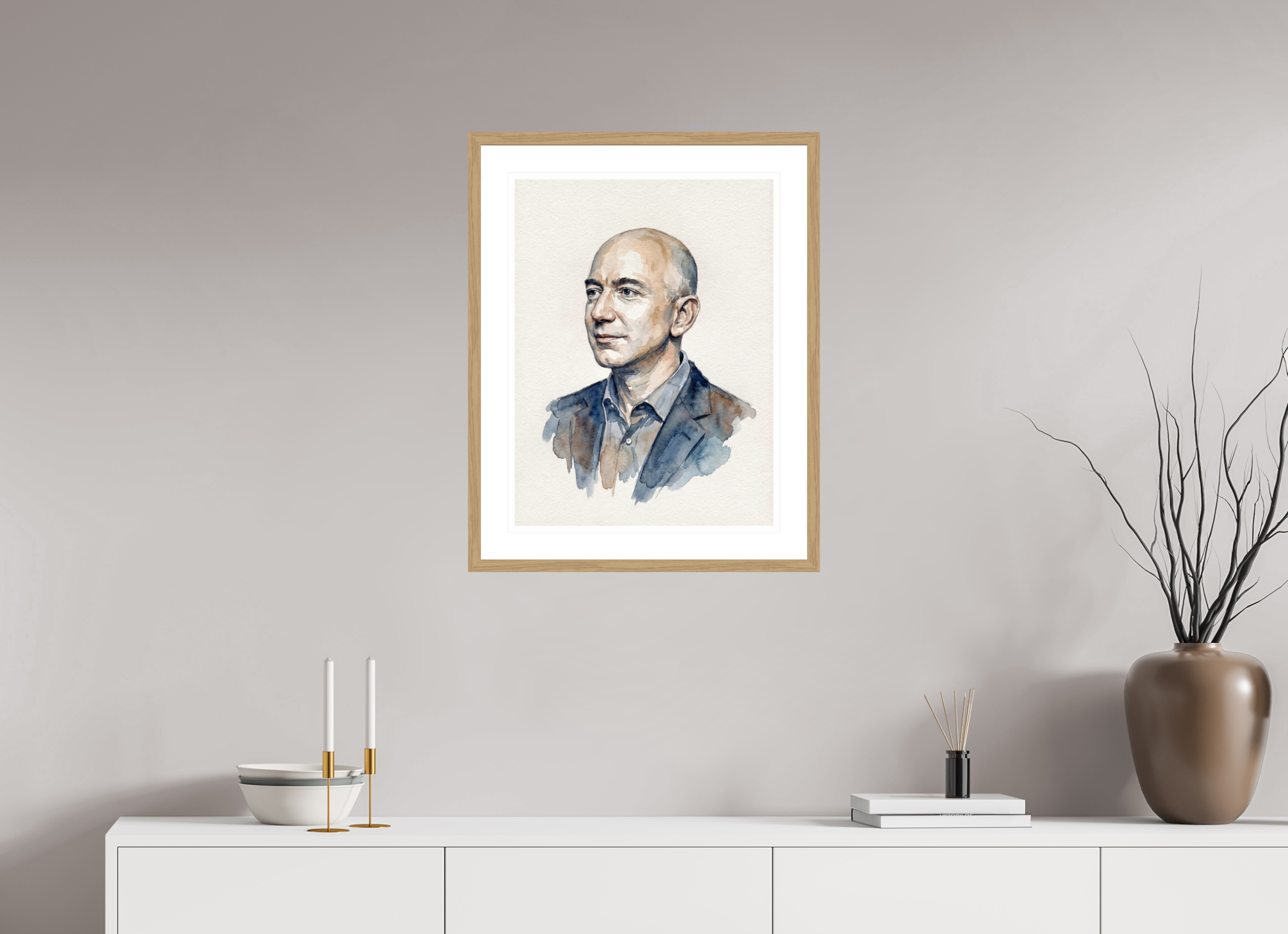 45 x 60 cm, Fine Art - Wood Frame Jeff Bezos Watercolor Portrait – Framed "Day 1" Visionary Art Print